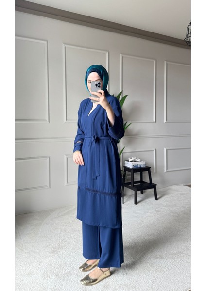 Dantel Şerit Detaylı Kimono Takım - Mavi