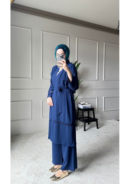 Dantel Şerit Detaylı Kimono Takım - Mavi fiyatları