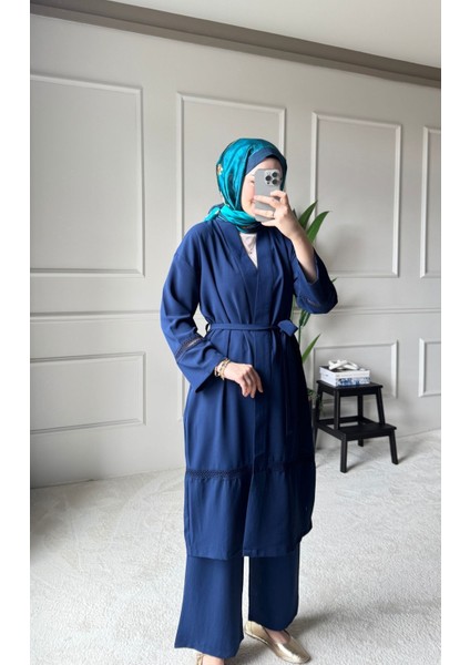 Dantel Şerit Detaylı Kimono Takım - Mavi modelleri