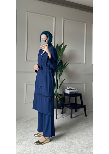 Dantel Şerit Detaylı Kimono Takım - Mavi fırsatları