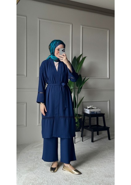 Dantel Şerit Detaylı Kimono Takım - Mavi indirimleri