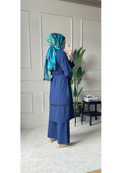 Dantel Şerit Detaylı Kimono Takım - Mavi