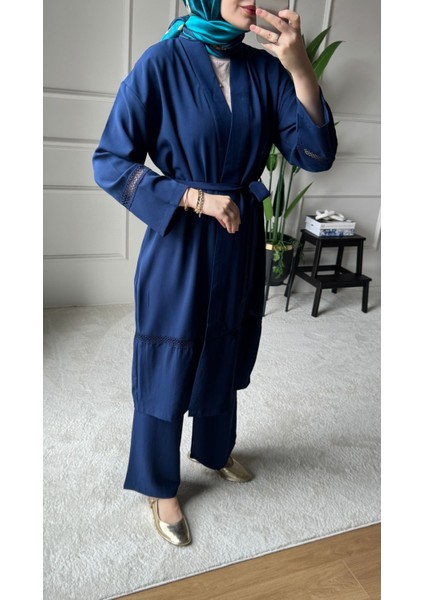 Dantel Şerit Detaylı Kimono Takım - Mavi