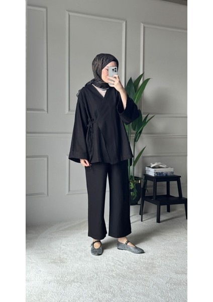 Bağcıklı Premium Kumaş Rahat Kimono Takım - Siyah