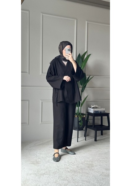 Bağcıklı Premium Kumaş Rahat Kimono Takım - Siyah modelleri
