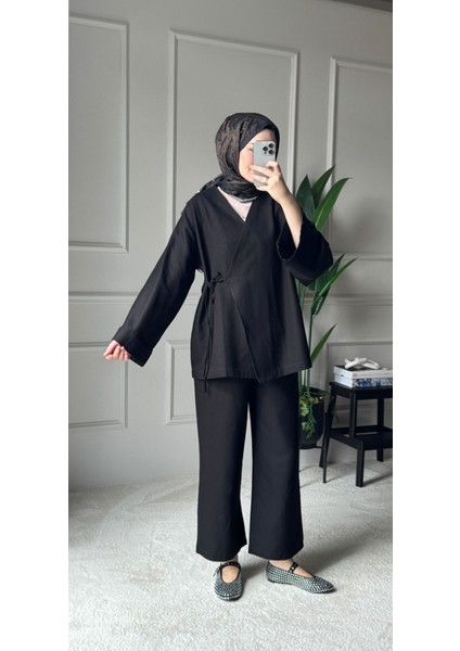Bağcıklı Premium Kumaş Rahat Kimono Takım - Siyah fırsatları