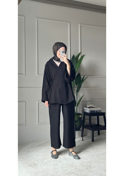 Bağcıklı Premium Kumaş Rahat Kimono Takım - Siyah