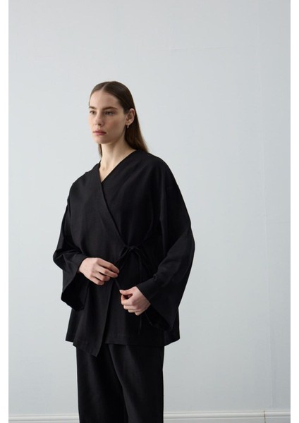 Bağcıklı Premium Kumaş Rahat Kimono Takım - Siyah
