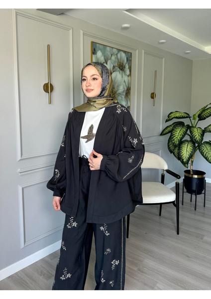 Orfeo Negro Taş Işlemeli Kimono ve Pantolon Ikili Takım