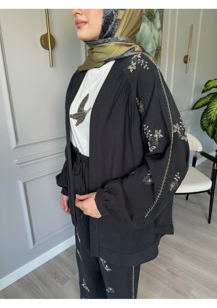 Orfeo Negro Taş Işlemeli Kimono ve Pantolon Ikili Takım modelleri
