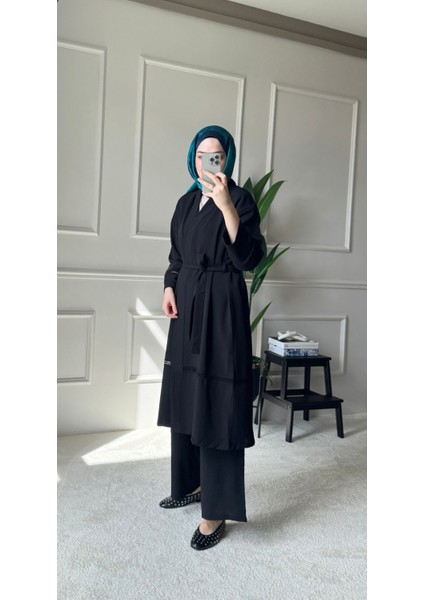Dantel Şerit Detaylı Kimono Takım - Siyah