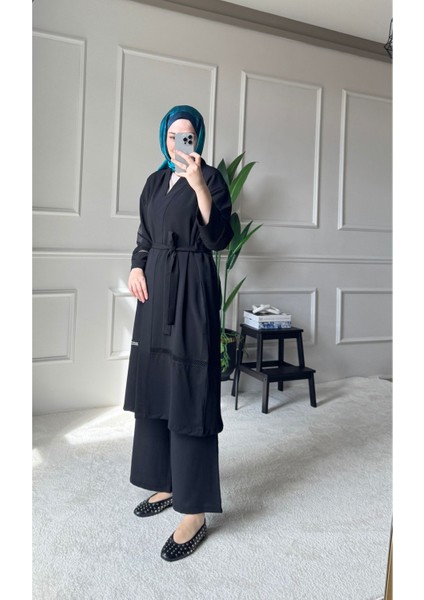 Dantel Şerit Detaylı Kimono Takım - Siyah fiyatları