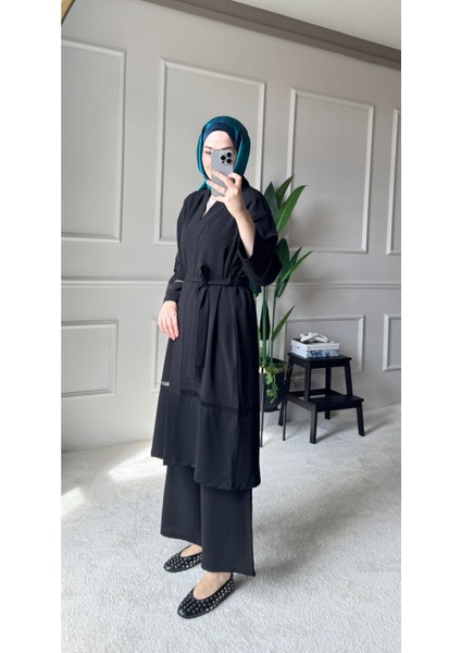 Dantel Şerit Detaylı Kimono Takım - Siyah modelleri