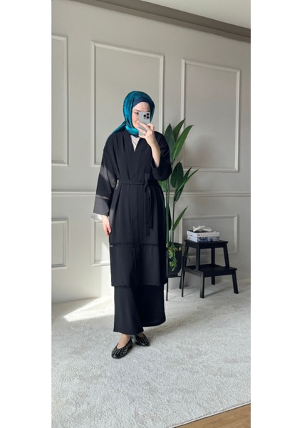 Dantel Şerit Detaylı Kimono Takım - Siyah fırsatları