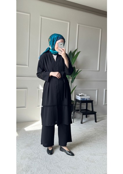 Dantel Şerit Detaylı Kimono Takım - Siyah