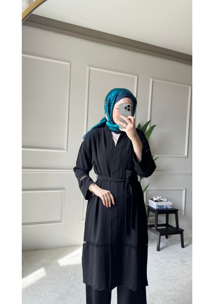 Dantel Şerit Detaylı Kimono Takım - Siyah