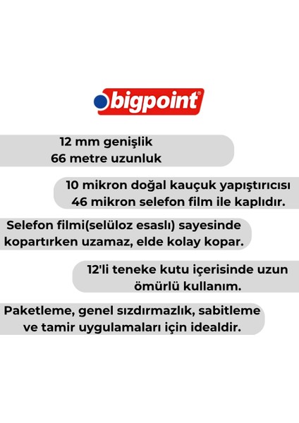 Selefon Bant, 12 Adet, 12MM x 66M, Şeffaf, Teneke Kutulu fırsatları