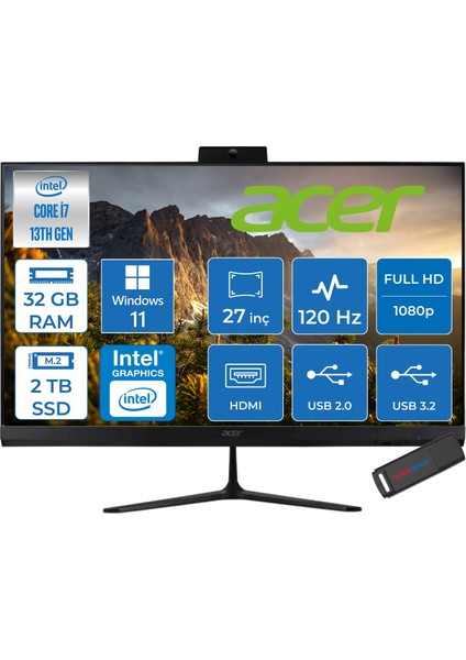 Aspire C27 Intel Core I7-1355U 32GB Ram 2tb SSD Windows 11 Pro Iris® Xe Graphics 27" Fullhd IPS 120Hz Siyah All In One Bilgisayar DQBMREM003P19 + Zetta Flash Bellek
