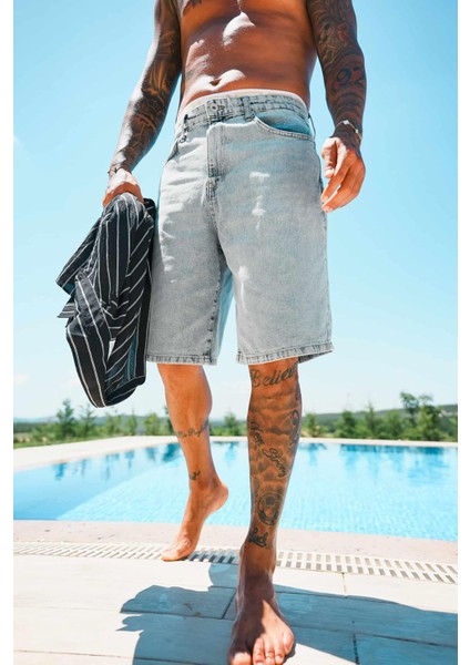 Erkek Süper Baggy Fit Bermuda Jean Şort Açık Mavi