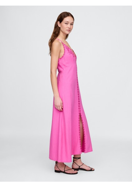 Kadın Pembe Linen-Blend Nakışlı Halter Maxi Elbise modelleri