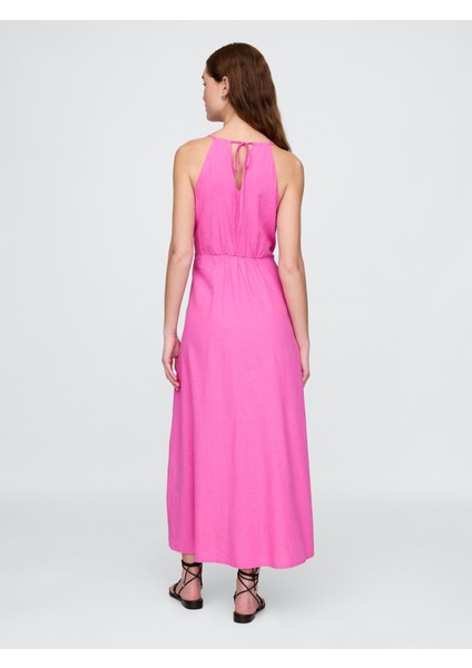 Kadın Pembe Linen-Blend Nakışlı Halter Maxi Elbise fırsatları