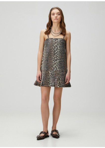 Leopar Desenli Organik Pamuk Mini Denim Elbise