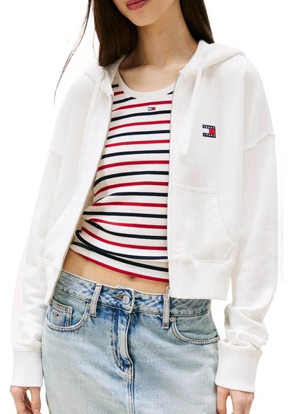 Kadın Boxy Fit Kapüşonlu Fermuarlı Cropped Sweatshirt - Ekru