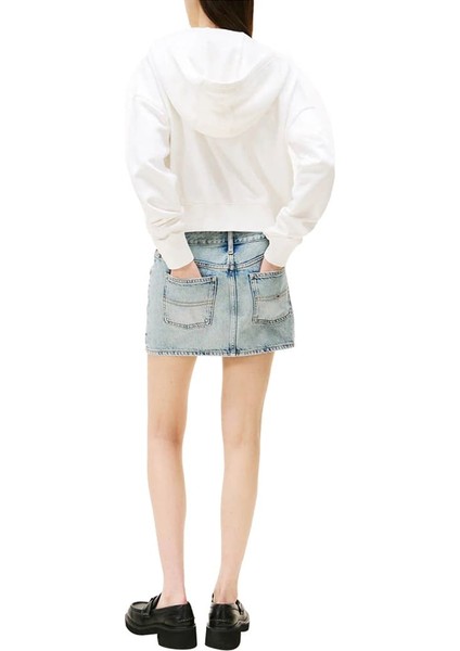 Kadın Boxy Fit Kapüşonlu Fermuarlı Cropped Sweatshirt - Ekru fiyatları
