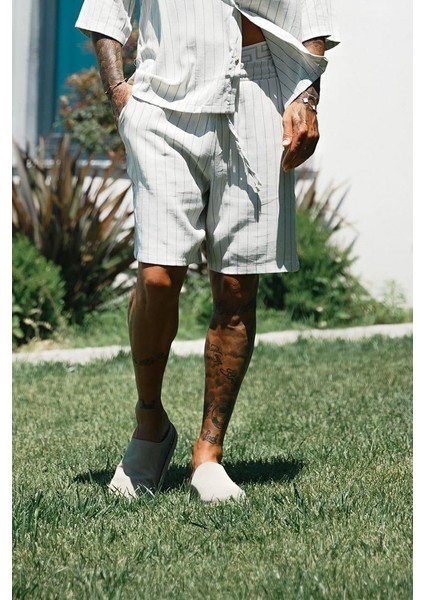 Erkek Beli Lastikli Keten Görünümlü Çizgili Baggy Şort Mavi