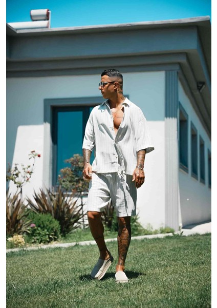 Erkek Beli Lastikli Keten Görünümlü Çizgili Baggy Şort Mavi fiyatları