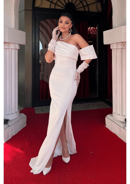 Atlas Organze Kumaş Kayık Yaka Abiye Elbise - Beyaz fiyatları