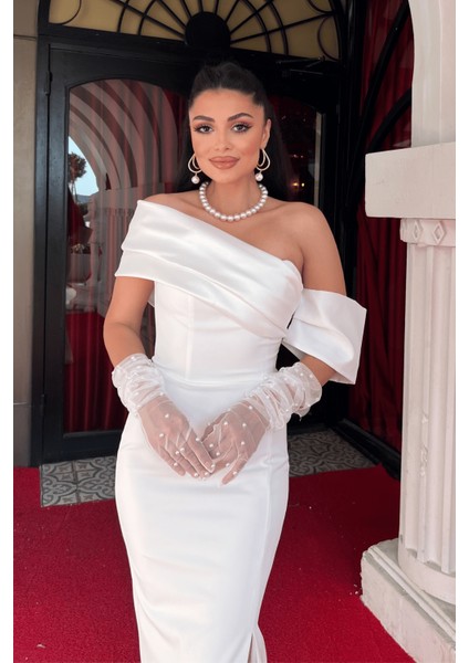 Atlas Organze Kumaş Kayık Yaka Abiye Elbise - Beyaz modelleri