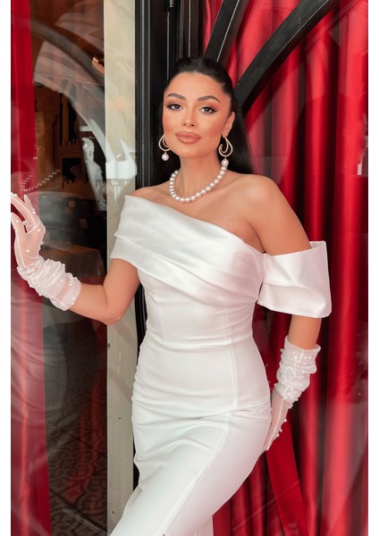 Atlas Organze Kumaş Kayık Yaka Abiye Elbise - Beyaz fırsatları