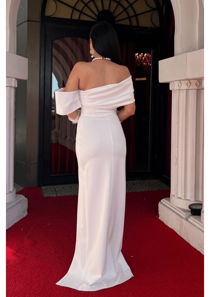 Atlas Organze Kumaş Kayık Yaka Abiye Elbise - Beyaz indirimleri