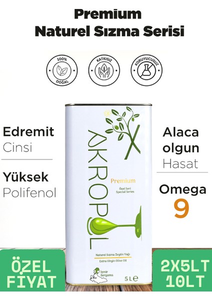 Natürel Sızma Zeytinyağı-Soğuk Sıkım Zeytinyağı-Alaca Hasat-Düşük Asit- Yüksek Polifenollü-10 Litre Teneke