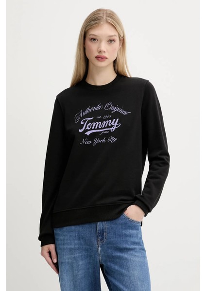 Kadın Regular Fit Grafik Logolu Sweatshirt - Siyah