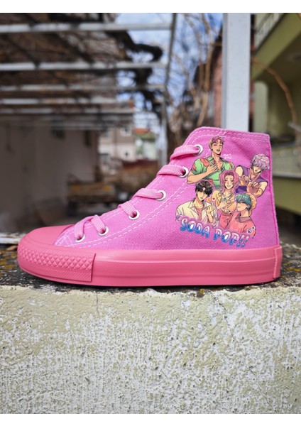 Pembe Pembe Taban Keten Soda K Pop Baskılı Bağcıklı Çocuk Spor Ayakkabı Sneaker