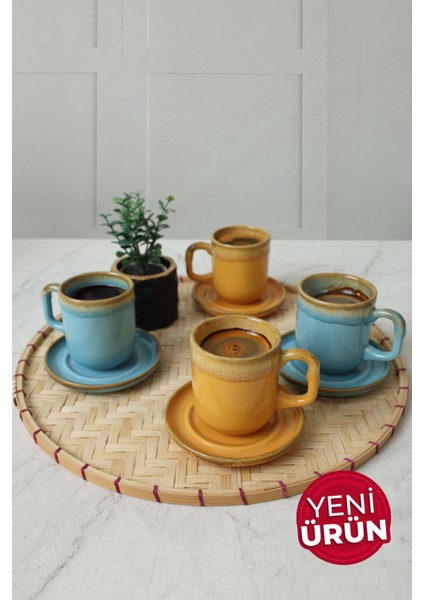 Shizen Sarı / Turkuaz Formart Kahve Takımı 8 Parça 4 Kişilik Q46-Q40