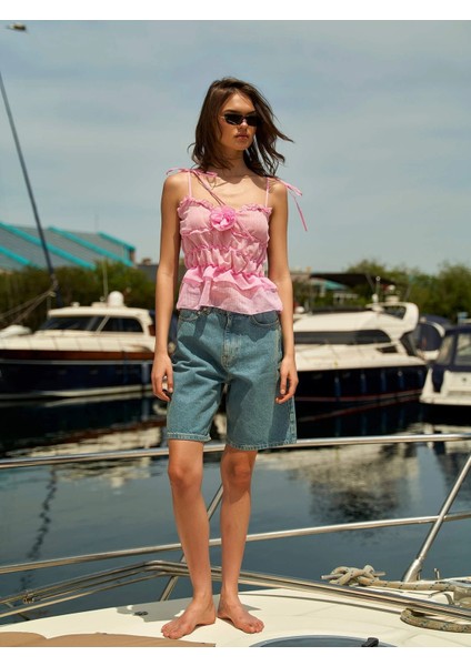 Gül Detaylı Askılı Bluz - Pembe Pembe - 36