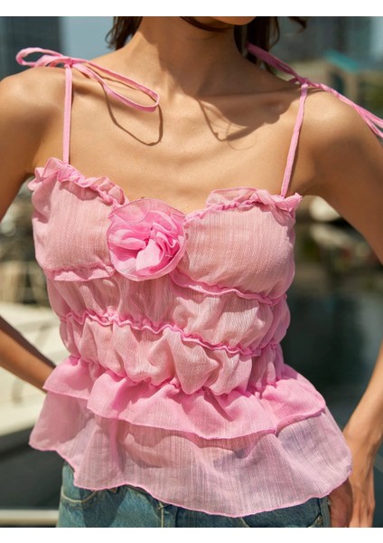 Gül Detaylı Askılı Bluz - Pembe Pembe - 36 modelleri