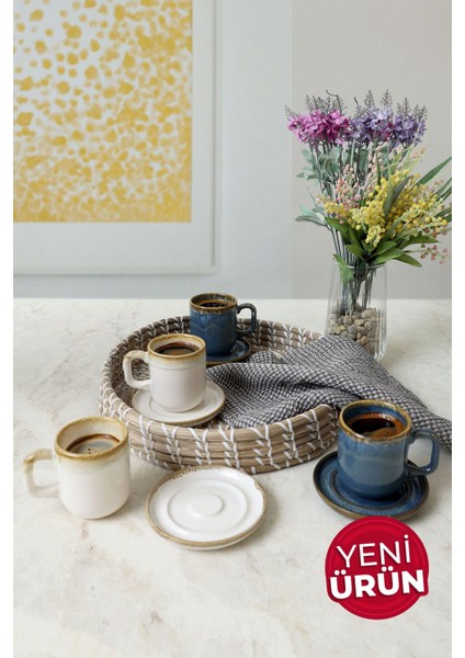 Shizen Mavi / Krem Formart Kahve Takımı 8 Parça 4 Kişilik Q39-Q44