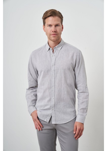 Erkek Gri Keten Trend Dynamic Fit Düğmeli Yaka Gömlek