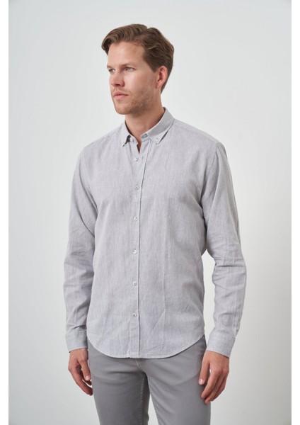 Erkek Gri Keten Trend Dynamic Fit Düğmeli Yaka Gömlek