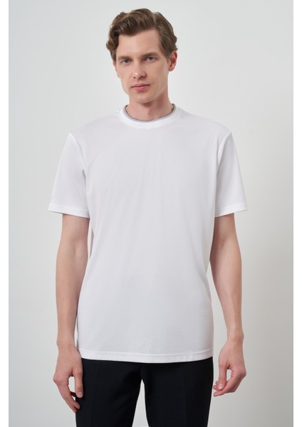 Erkek Beyaz Trend Bisiklet Yaka T-Shirt
