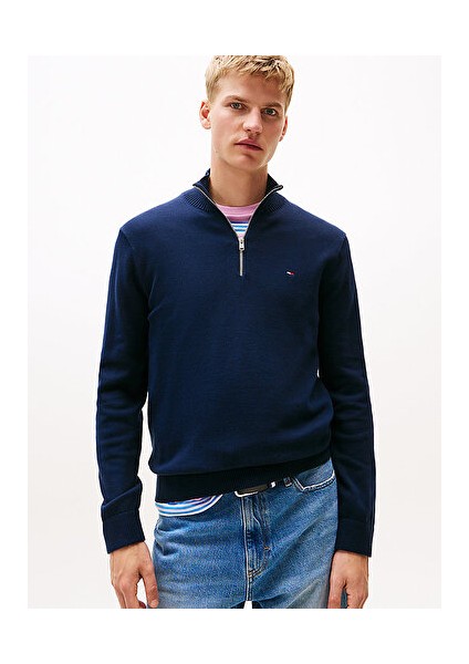 Erkek Mavi Yarım Fermuarlı Kazak