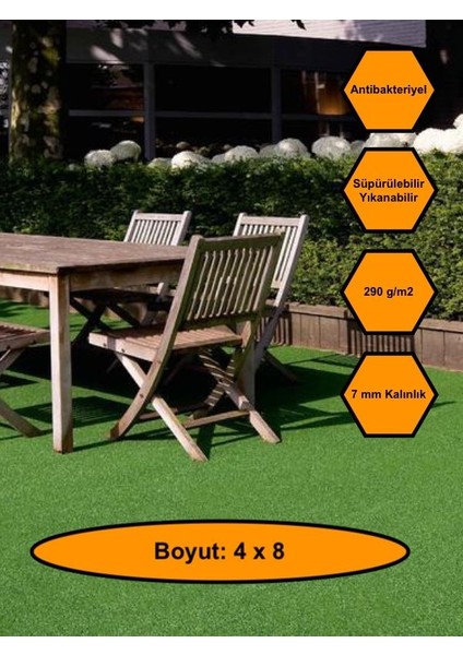 4x8 Metre Yapay Çim Halı, Lastik Taban, Yeşil Suni Halı, 7 mm Kalınlığında