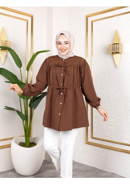 Kadın Düğmeli Bağlamalı Kahverengi Gömlek