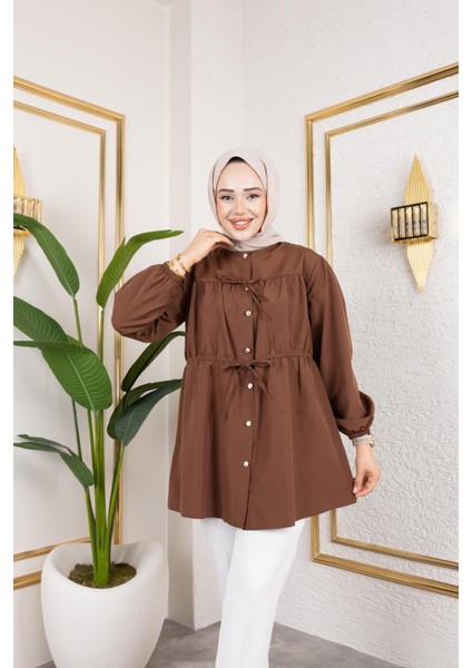 Kadın Düğmeli Bağlamalı Kahverengi Gömlek modelleri