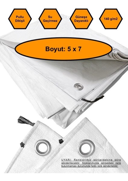 Beyaz Renk Ebatlı Branda, 5x7 Çadır 140 Gr/m2 Su Geçirmez Kamyon Saman Inşaat Gölgeleme Çadırı