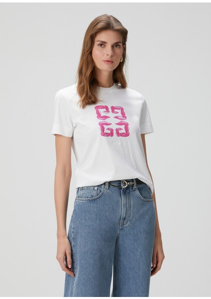 Beyaz Logo Baskılı T-Shirt